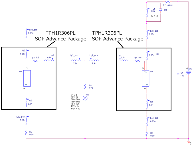 MOSFET（TPH1R306PL）应用电路的并联操作的仿真电路