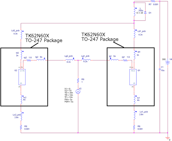 MOSFET（TK62N60X）应用电路的并联操作的仿真电路