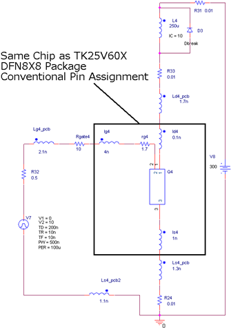 MOSFET4引脚封装DFN8×8（TK25V60X）应用电路的仿真电路